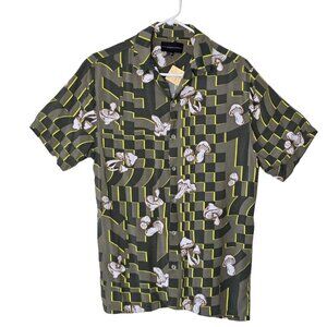 No Boundaries Men's Green Resort Button Down Shirt Mushroom Print Size Small